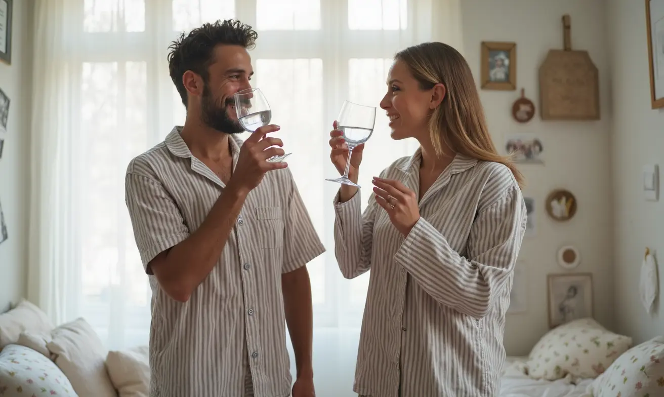 Mann und Frau trinken Glas Wasser in der Früh.