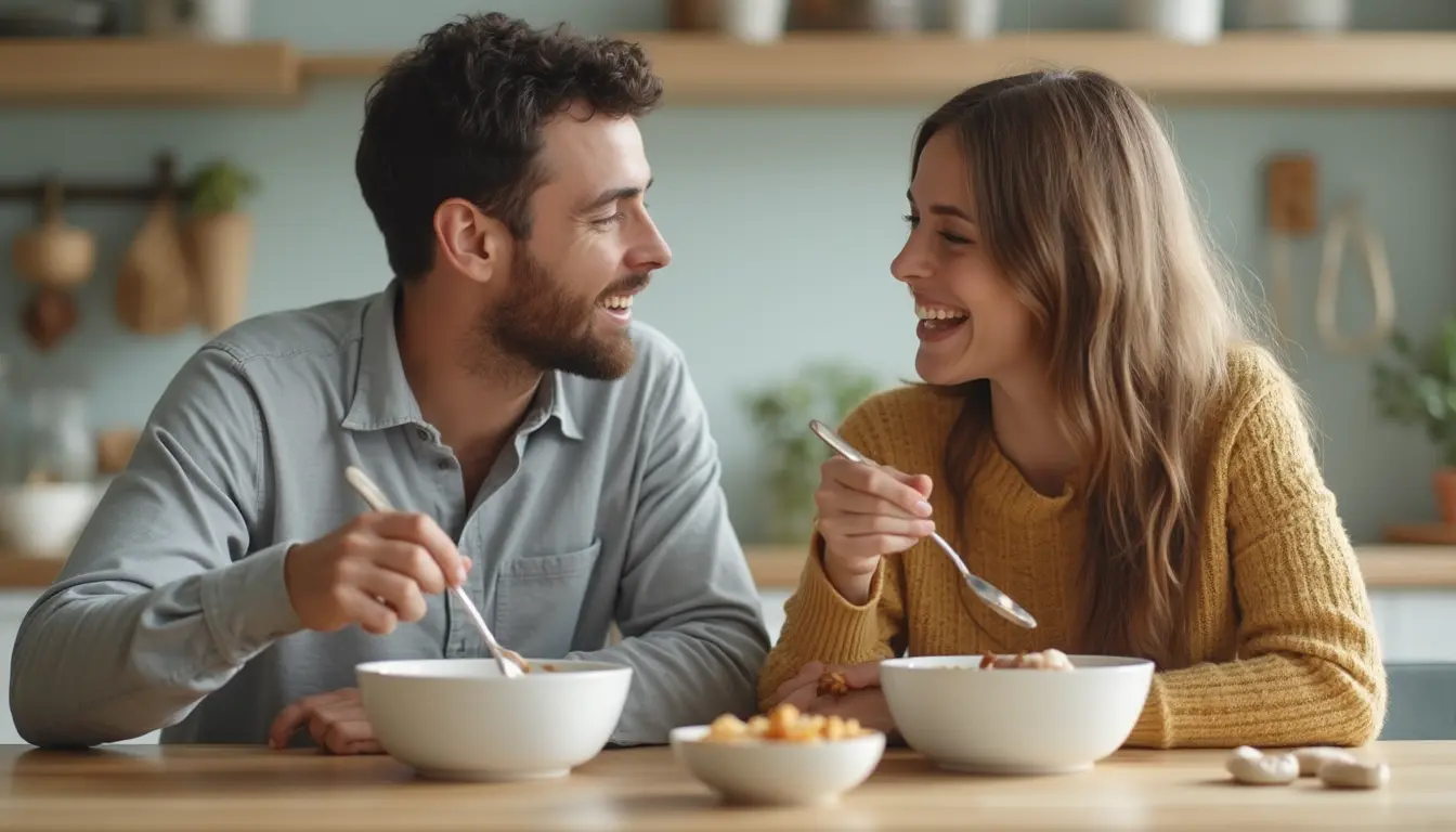 Mann und Frau sitzen am Frühstück.