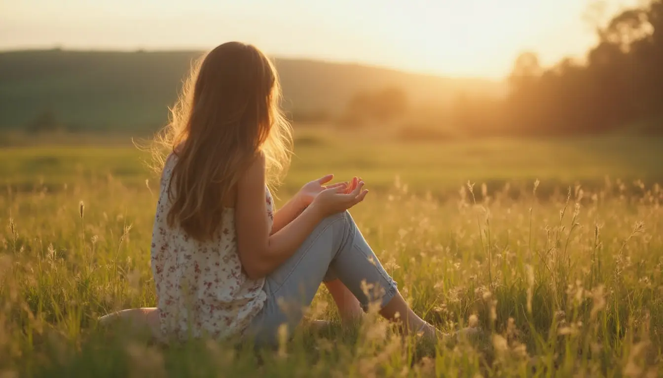 Frau sitzt in der Wiese und genießt die morgendlichen Sonnenstunden.