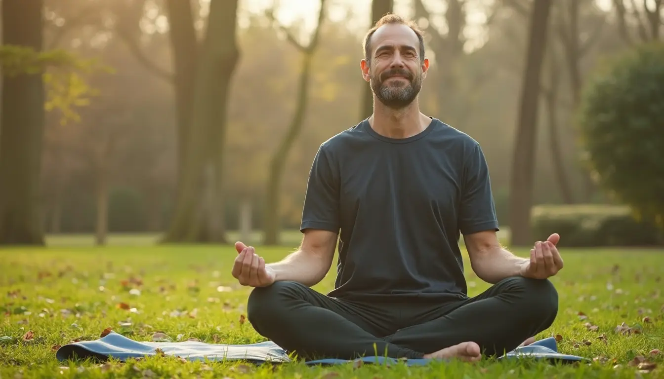 Mann praktiziert Yoga in der Natur in der Früh.