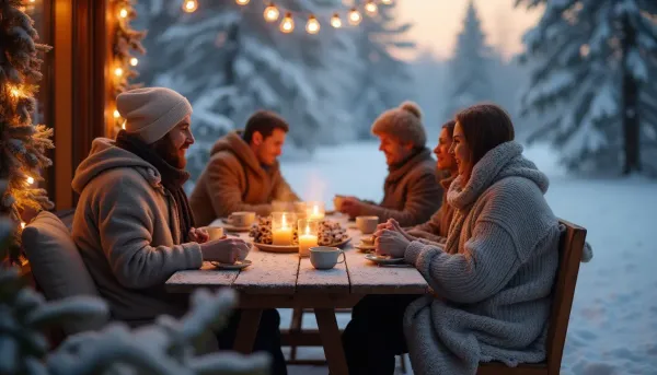 Glückliche skandinavische Familie am Tisch